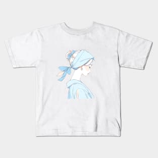 Minimalist line art pretty girl in blue Kids T-Shirt